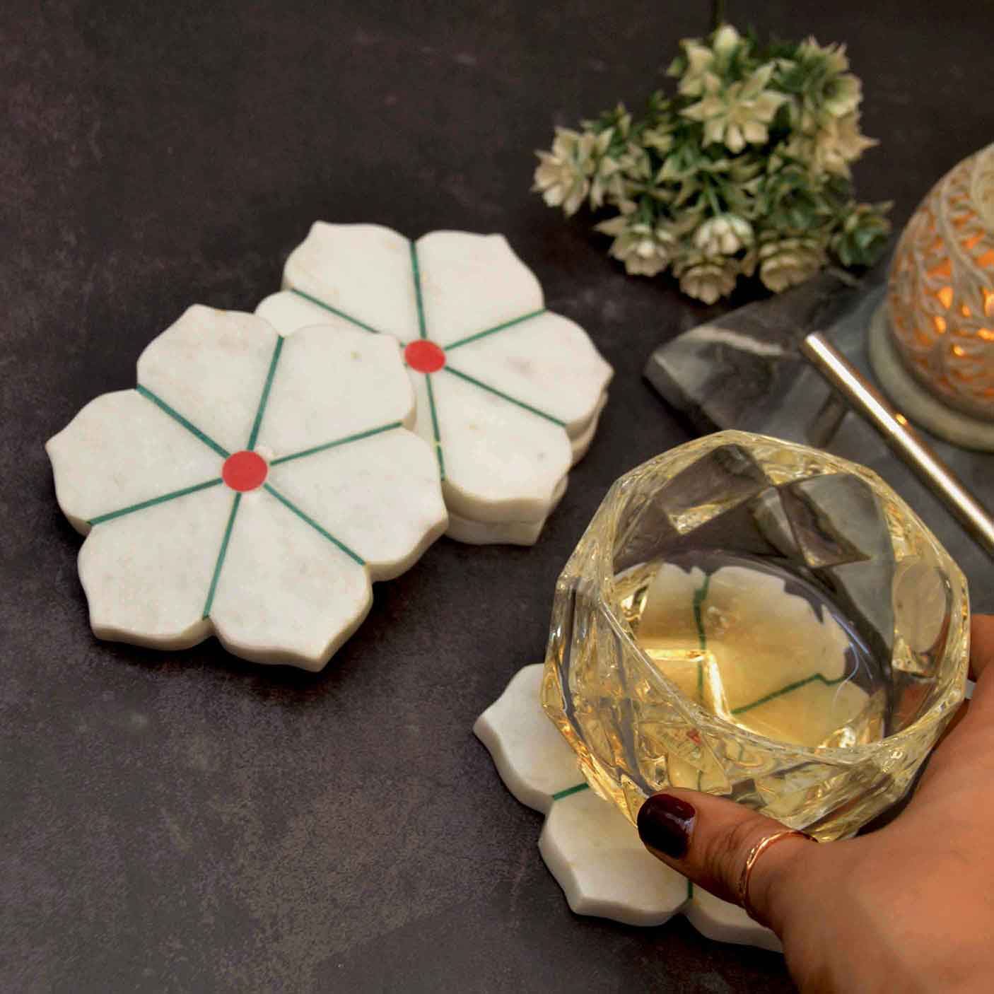 Floral Marble Coaster – (Set of 4)
