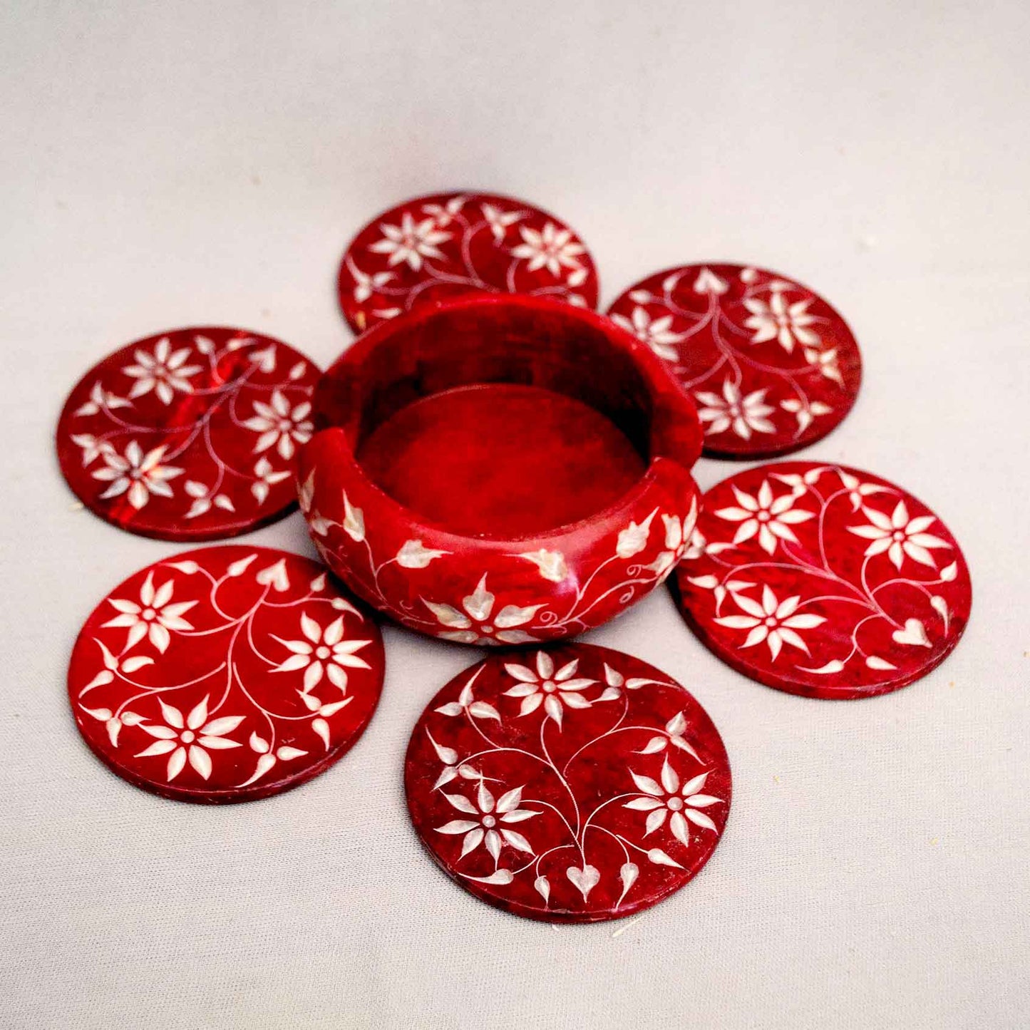 Red Marble Coasters (Set Of 6) With Stand