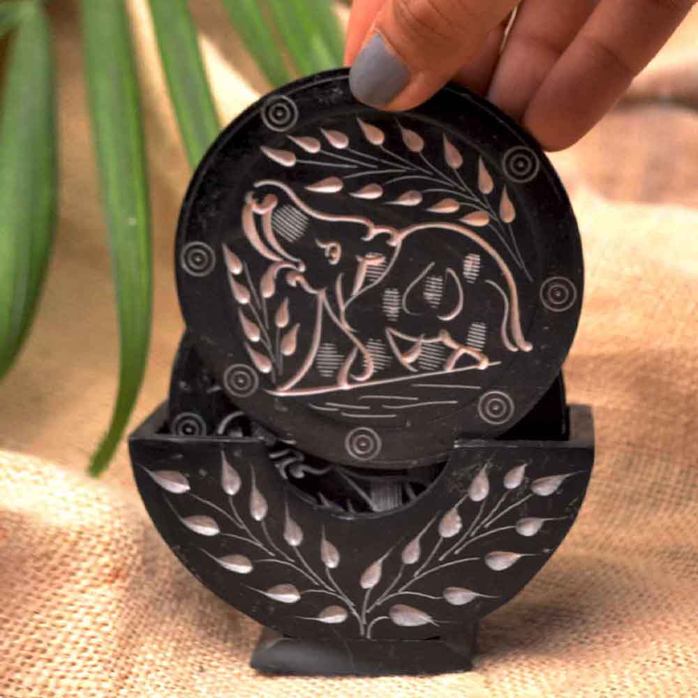 Black Marble Tea Coasters (Set of 6) With Stand