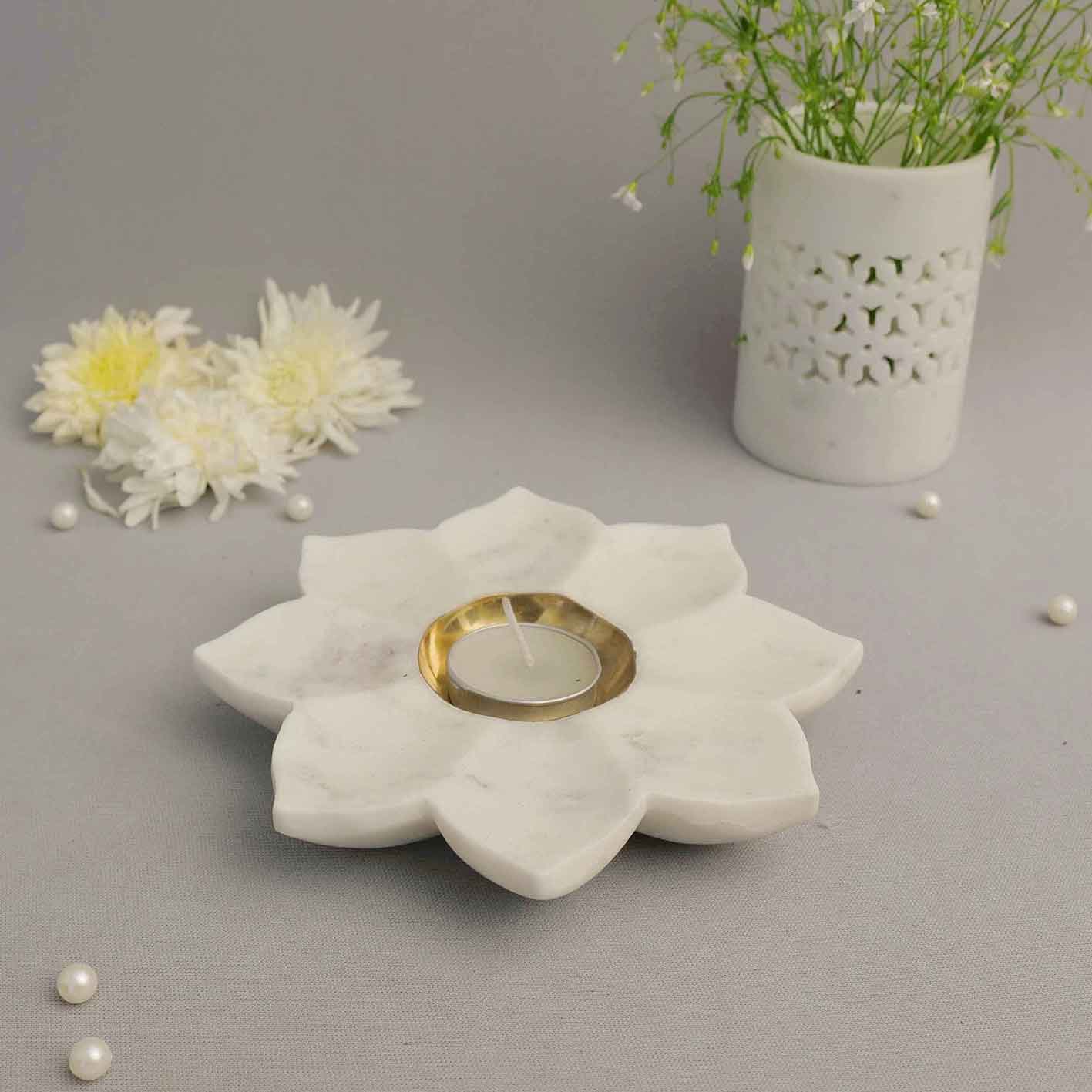 Marble & Brass Sunflower Tealight Holder