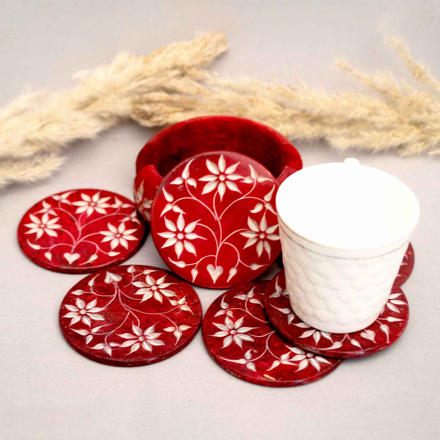 Red Marble Coasters (Set Of 6) With Stand