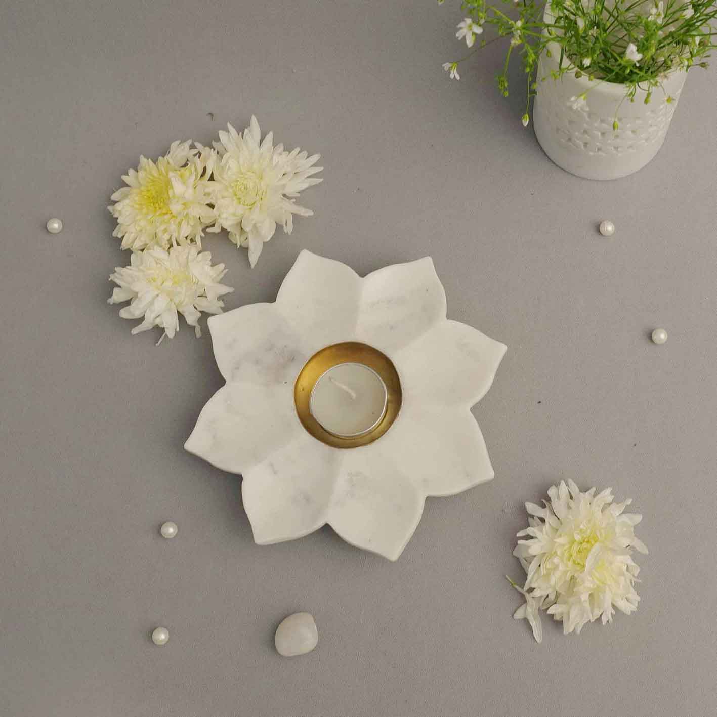 Marble & Brass Sunflower Tealight Holder