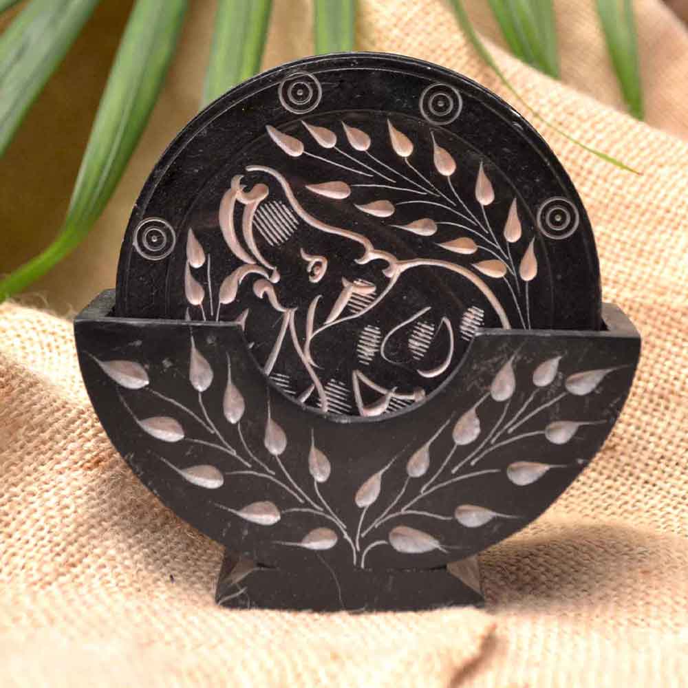 Black Marble Tea Coasters (Set of 6) With Stand