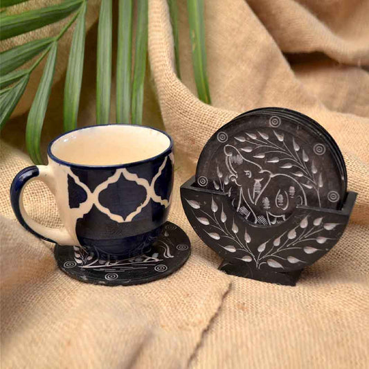 Black Marble Tea Coasters (Set of 6) With Stand