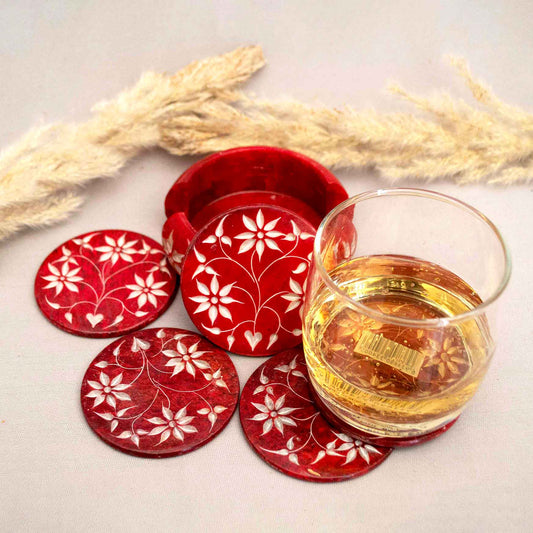 Red Marble Coasters (Set Of 6) With Stand